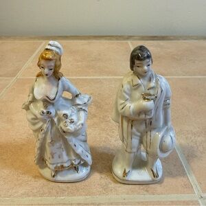 Occupied Japan Porcelain Figurines Set of 2 Victorian Man Woman White & GOLD 4"